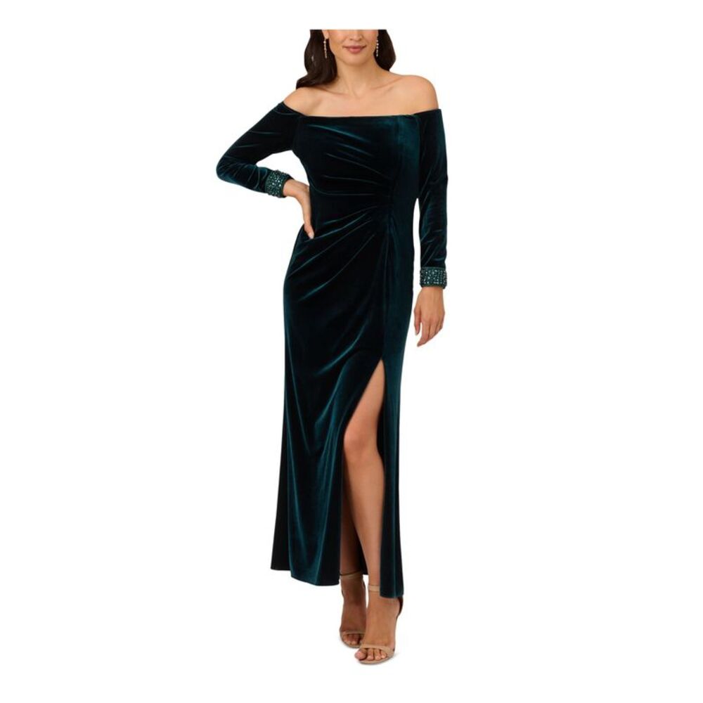 ADRIANNA PAPELL Green Long Sleeve Full-Length Dress 12P